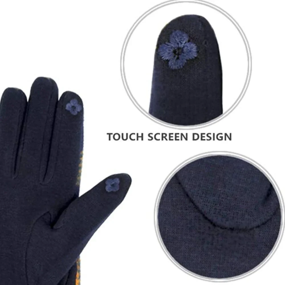 Winter Gloves Faux Cashmere Gray Blue Plaid Button Cuff Touch Screen Smart